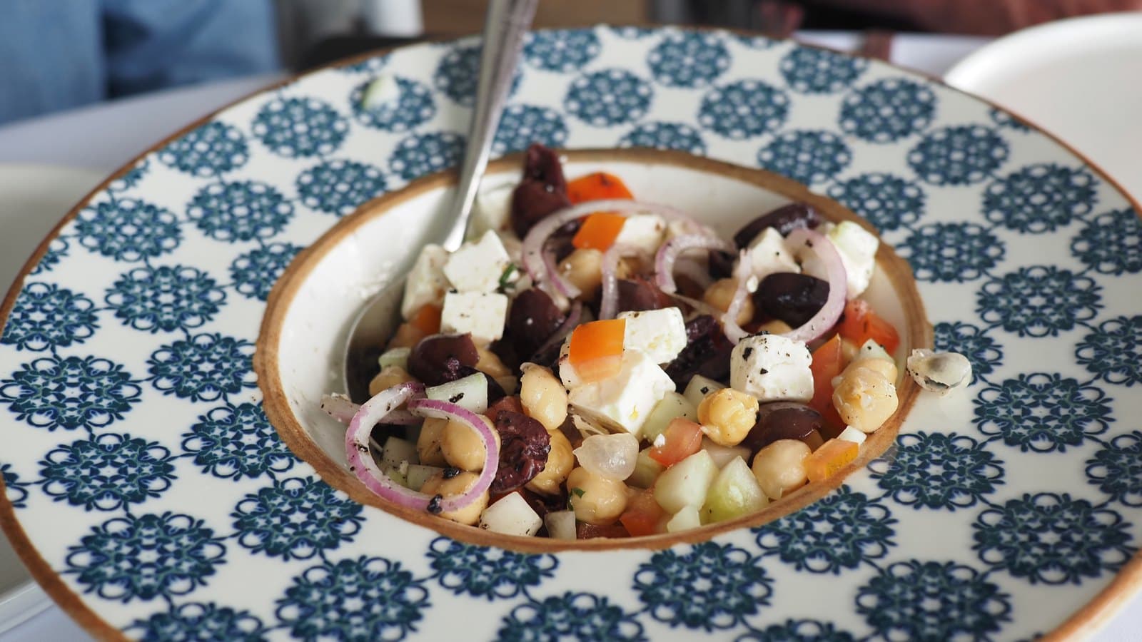 An Insalata mediterranea at La Vespa Vista Mare on a patterned plate
