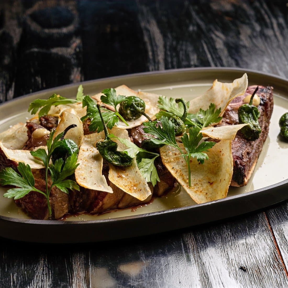 Cowboy Café de Paris at Azahar: sliced steak on a dark platter with shavings, capers and parsley
