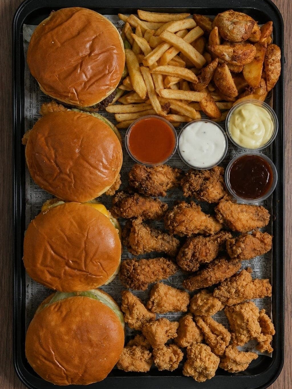 Bandeja de alitas y hamburguesas en Alitas Salvajes Pub, Costa del Este, Ciudad de Panama