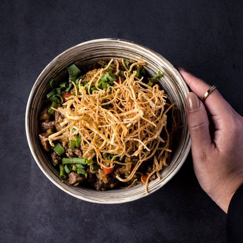 Asian beef and rice bowl at Aria Restaurant, Panama City