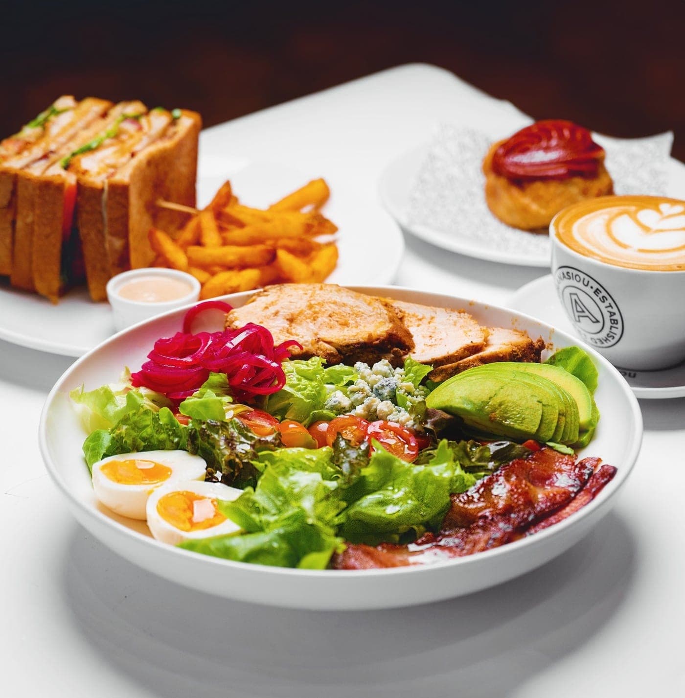 Lunch salad, club sandwich and cappuccino at Athanasiou, Albrook, Panama City
