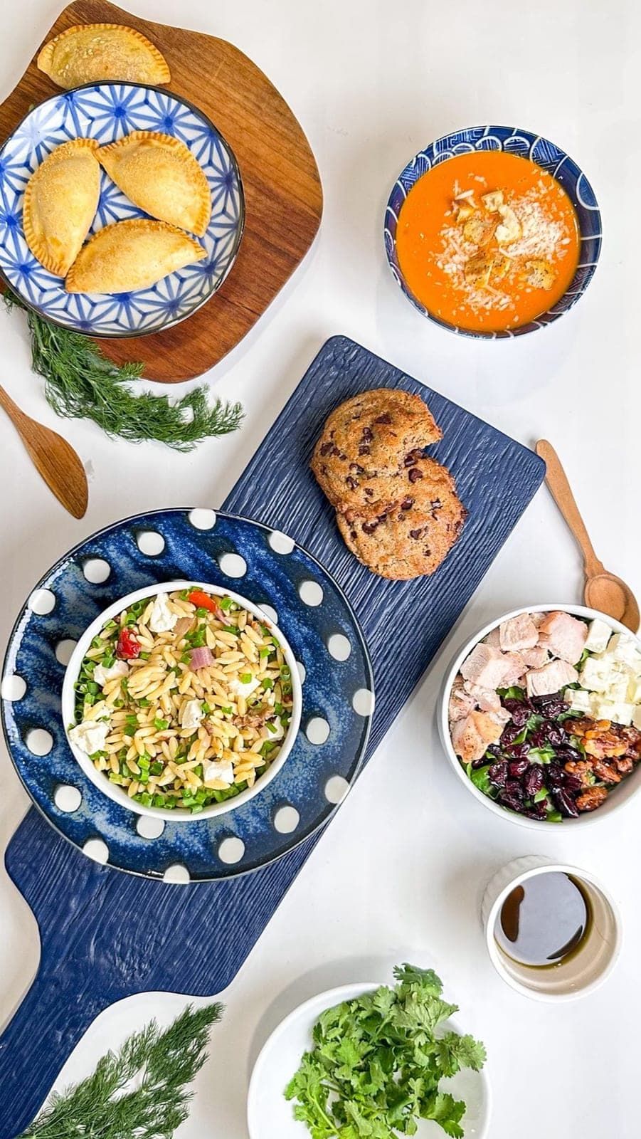 Empanadas, tomato soup, orzo and salmon salads at Bistro MKT, Costa del Este, Panama City