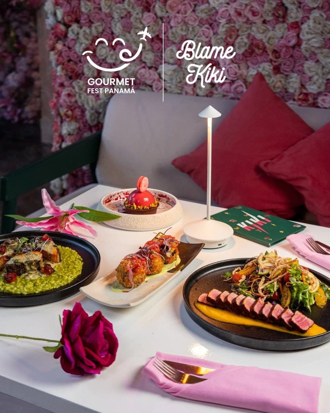 Platos italianos junto al muro de rosas en Blame Kiki, Bella Vista, Ciudad de Panama