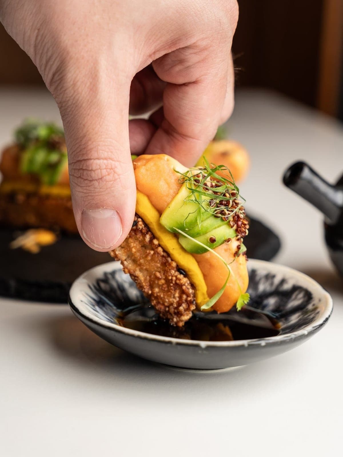 Sake crispy rice at Bruttito, Multiplaza Mall, Marbella, Panama City