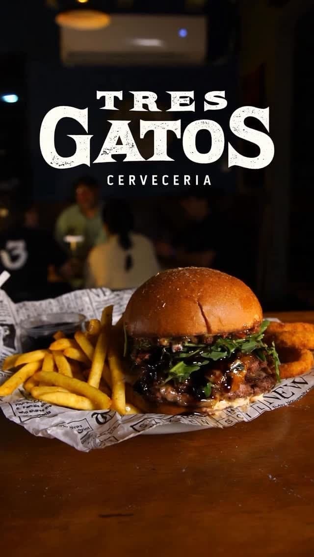 Hamburguesa con papas fritas en Cerveceria Tres Gatos, Clayton, Ciudad de Panama