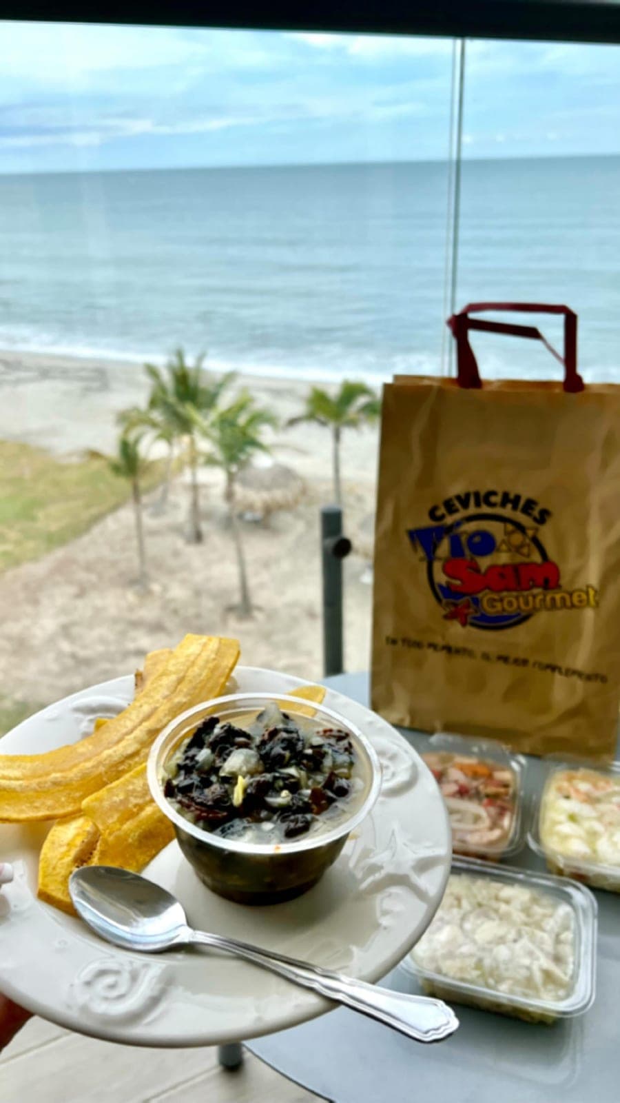 Ceviche with plantain chips and an ocean view at Ceviches Tio Sam Gourmet, Panama City