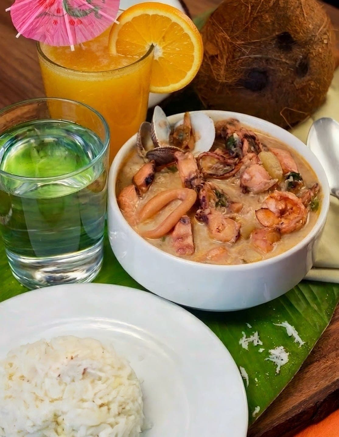 Seafood stew with coconut rice at Churreria Manolo, El Cangrejo, Panama City