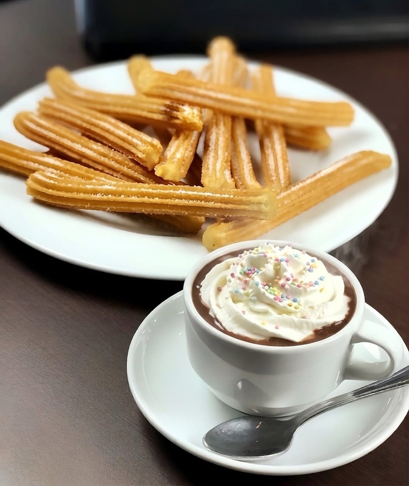 Churros con chocolate caliente en Churrería Manolo, Obarrio, Ciudad de Panamá