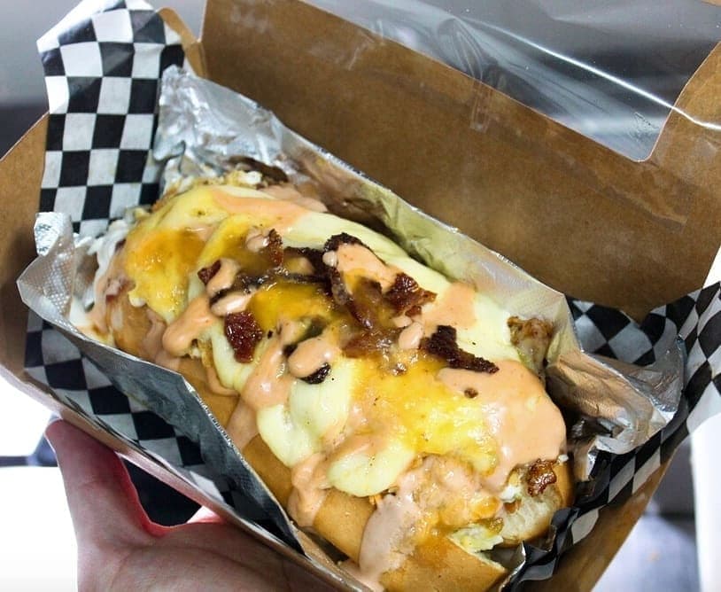 Loaded hot dog with cheese and bacon at Del Maiz, Albrook, Panama City