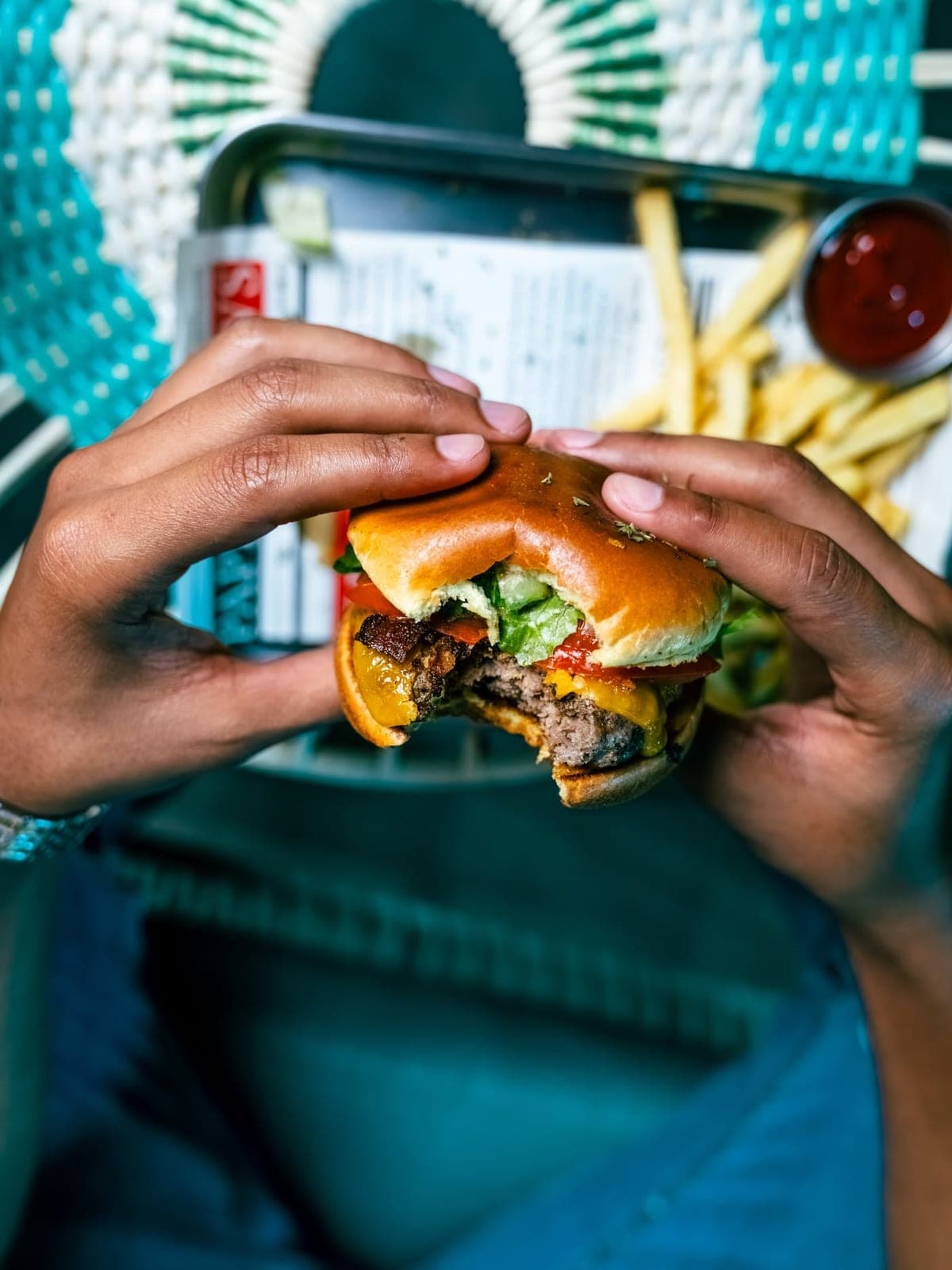 Cheeseburger and fries at El Perico Manoso Brewing Co., Obarrio, Panama City