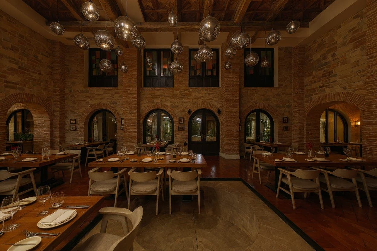 Comedor de piedra y ladrillo de antiguo monasterio con techo abovedado y lámparas de vidrio en El Santuario, Casco Viejo, Ciudad de Panamá