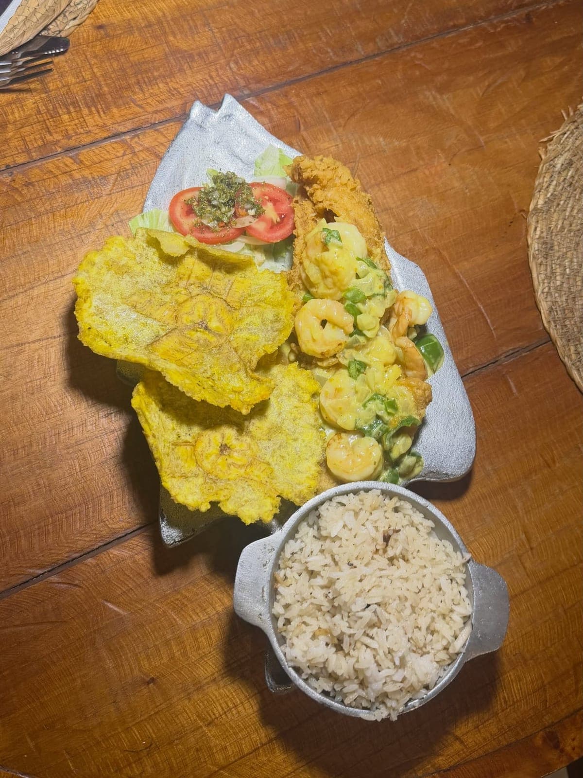 Fried fish with coconut-curry shrimp and patacones at En La Fondita De Golan, Marbella, Panama City