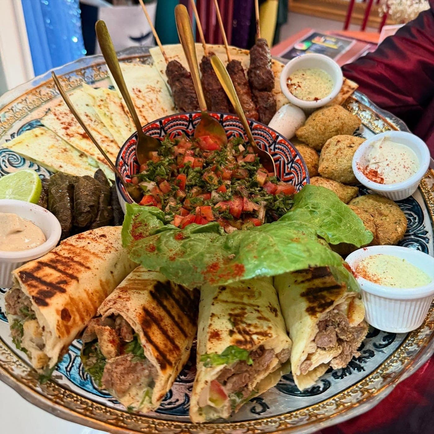 Turkish mixed platter with kebabs, shawarma wraps, kibbeh and dips at Estambul Turkish Delight, Casco Viejo, Panama City