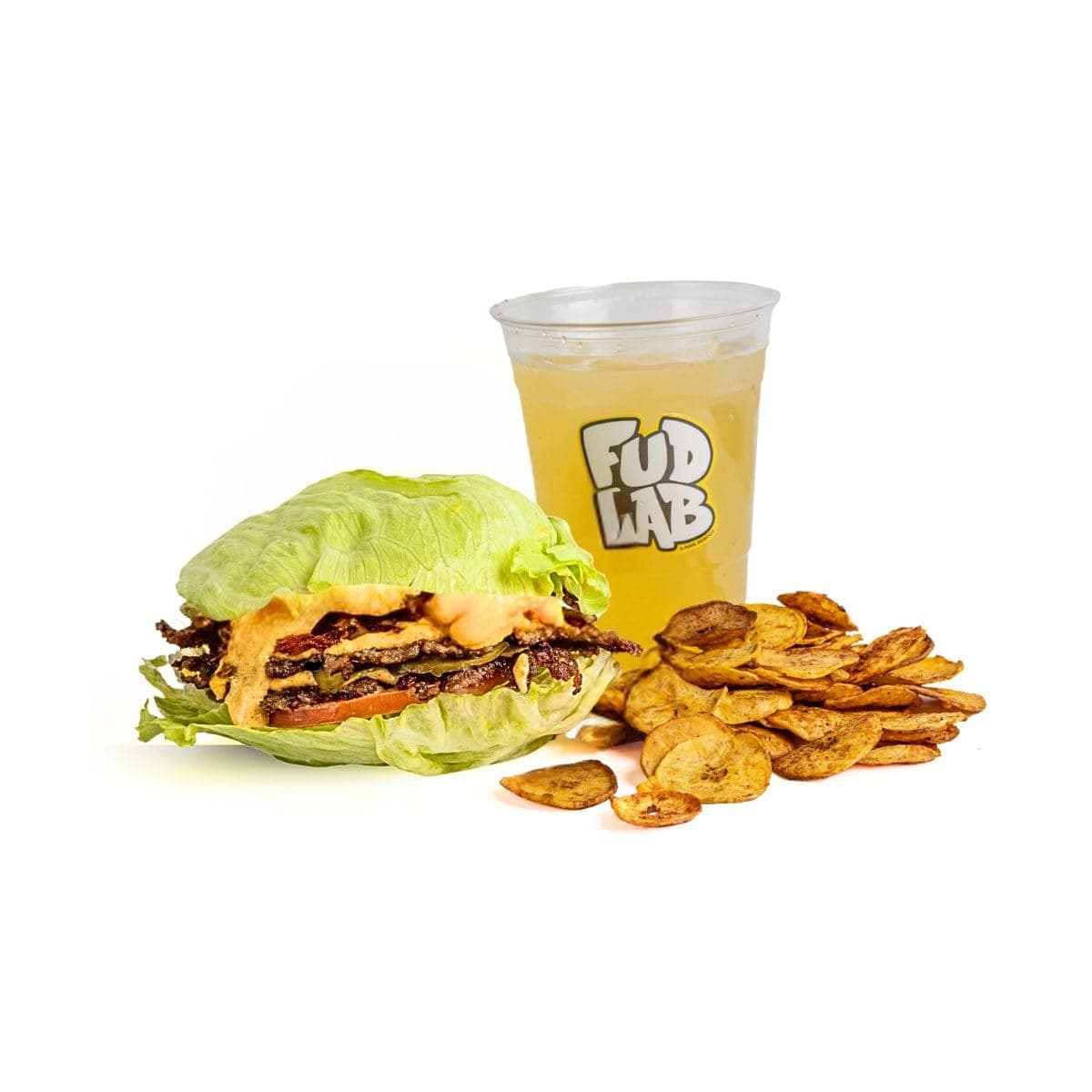 lettuce-wrapped burger with plantain chips at Fud Lab Via Israel, Panama City