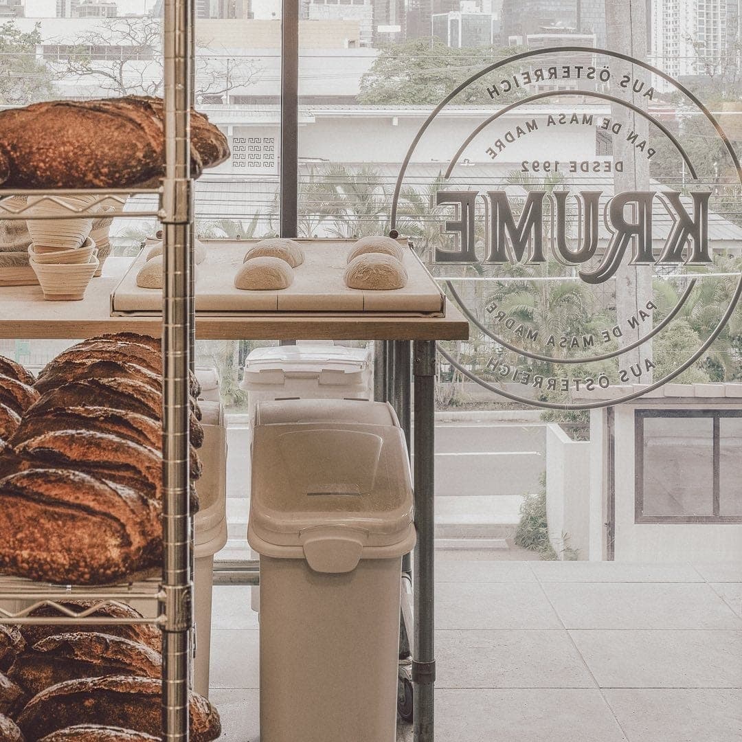 Sourdough loaves inside Krume Bäcker bakery, Panama City