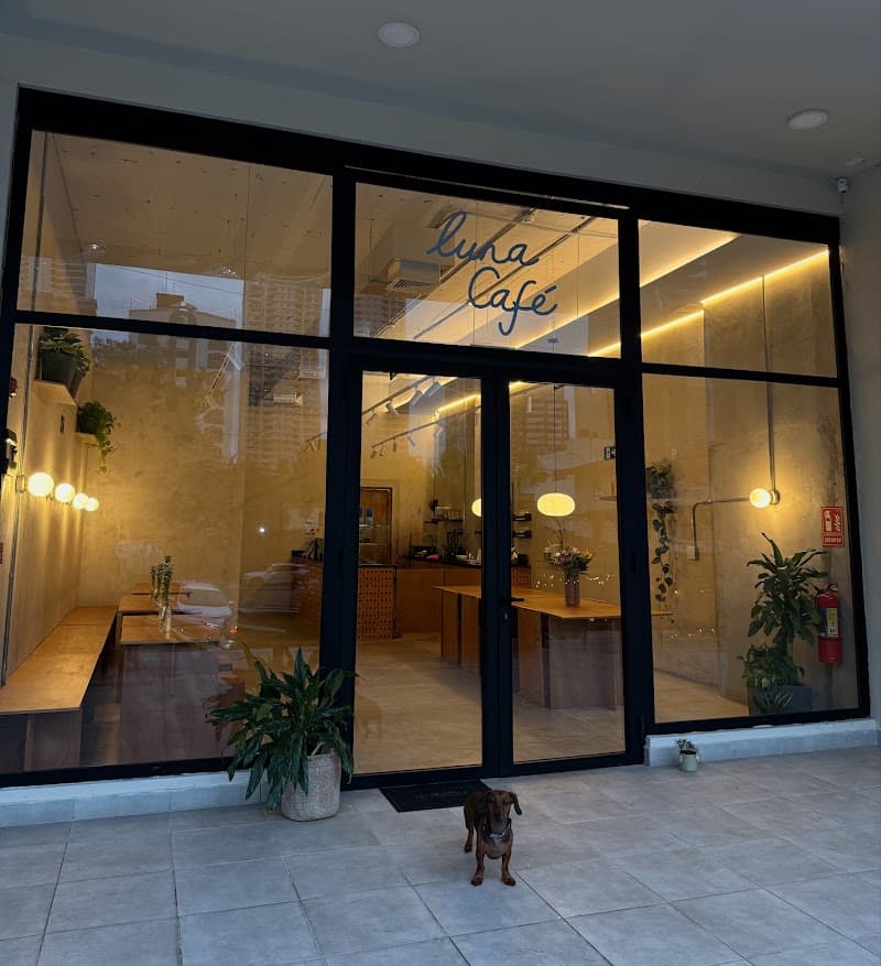 El vidrio con marco de acero negro y el logo escrito a mano marcan la entrada: luz cálida, plantas en macetas y el dachshund residente cuidando la puerta.