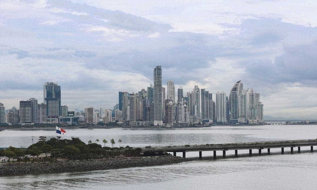 Panama City skyline and bay seen from the rooftop at Sama Sky Lounge, Casco Viejo