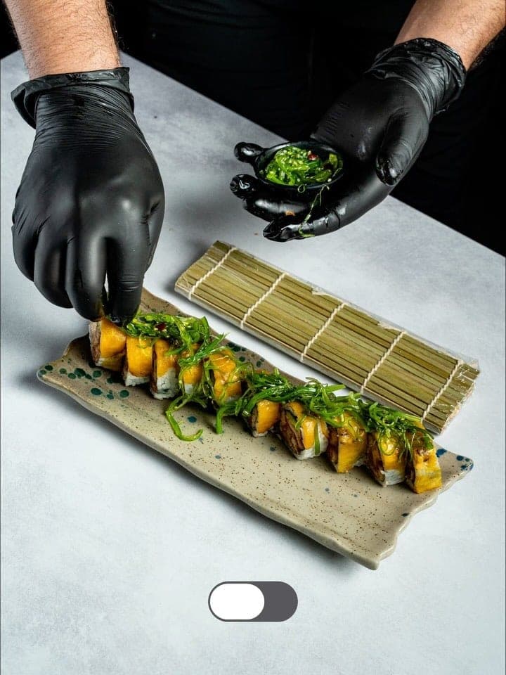Sushi rolls being plated at Sushark, Costa del Este, Panama City