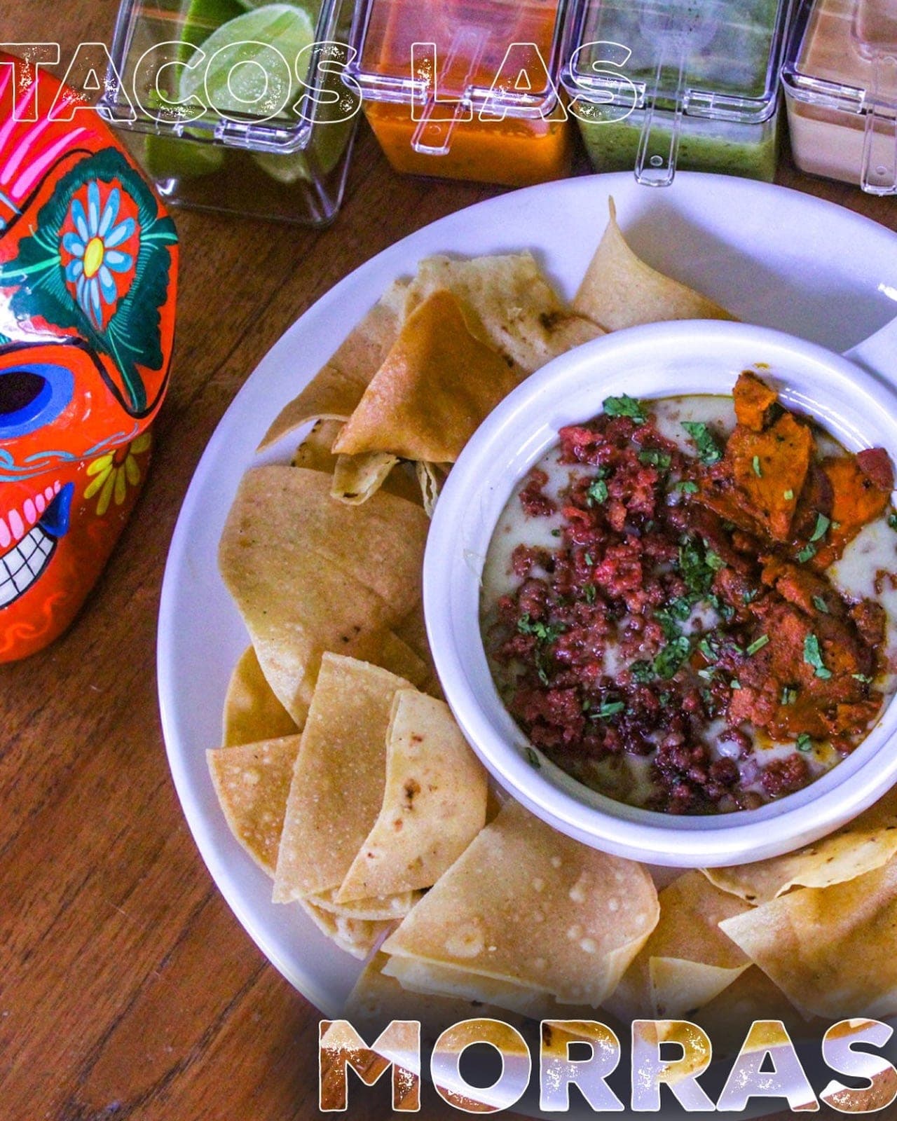 Queso fundido with chorizo and tortilla chips at Tacos Las Morras, El Cangrejo, Panama City