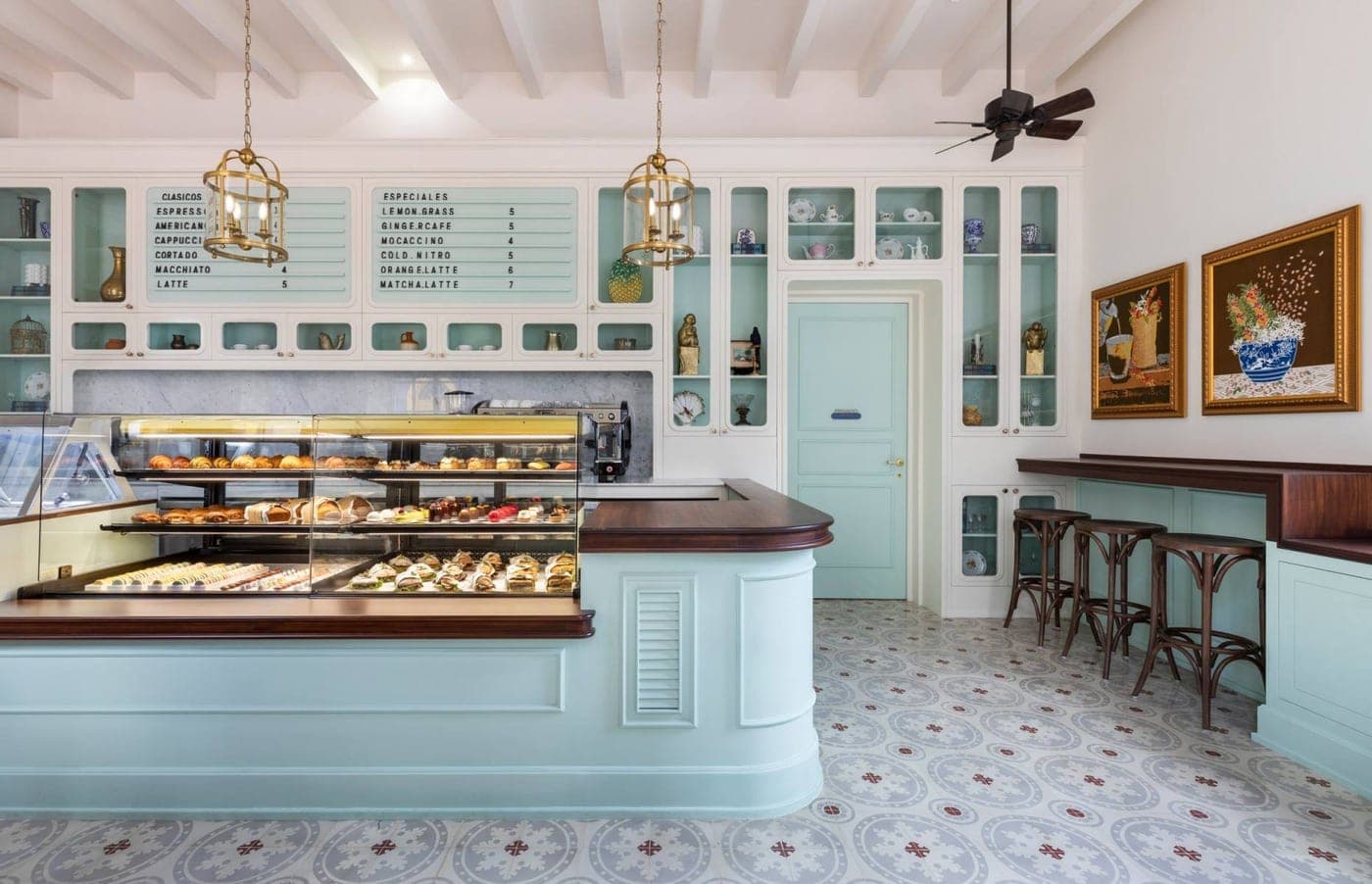 Pastry counter and tiled bar at Vera Café, Casco Viejo, Panama City